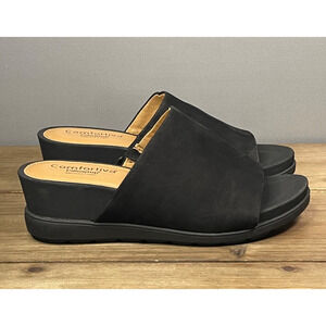 Comfortiva Women's Pax Wedge Sandals Size 6.5 Wide Black Leather Casual Slip On